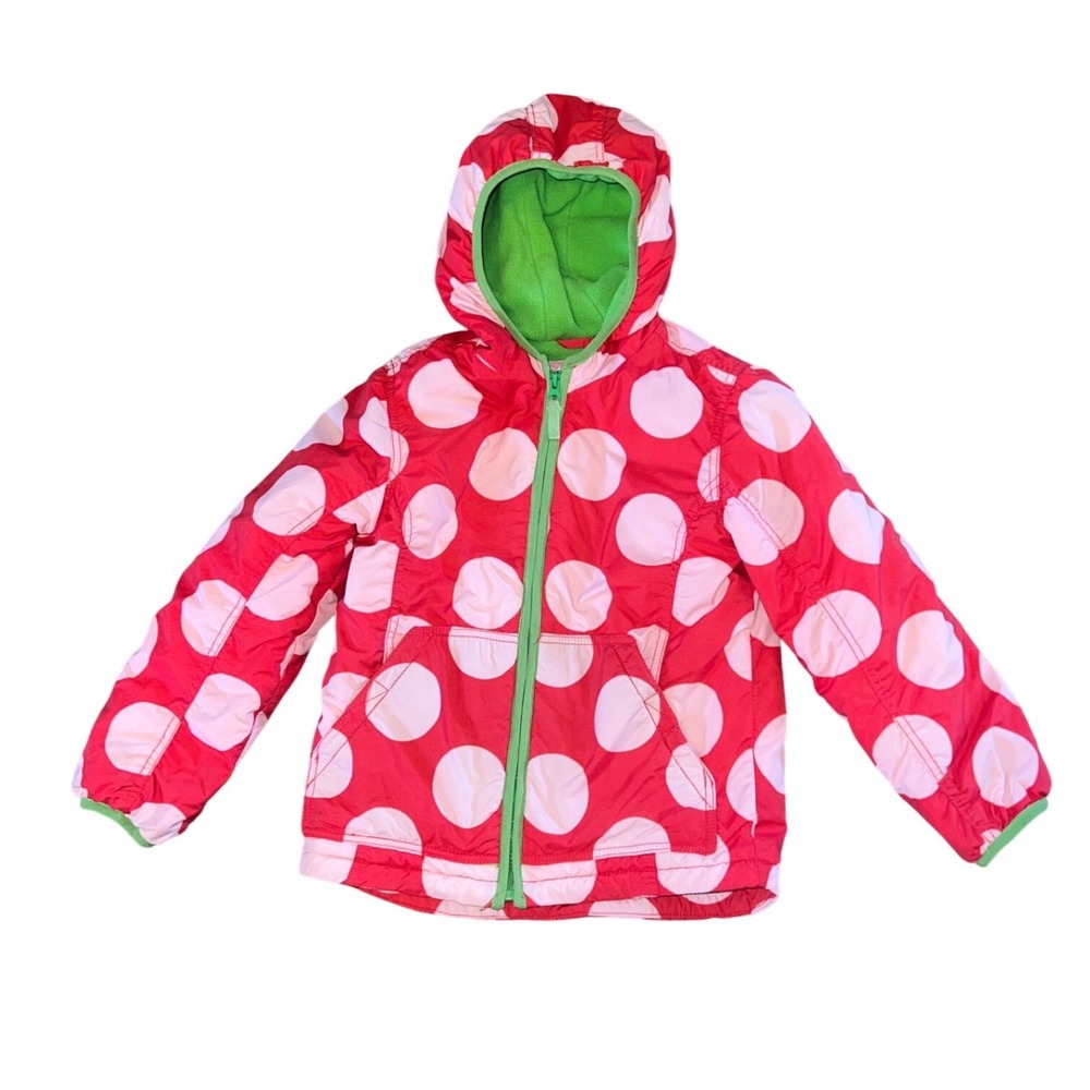 Mini Boden Girls Red Pink Polka Dot Puffer Jacket Fleece Lined Hooded 7-8Y